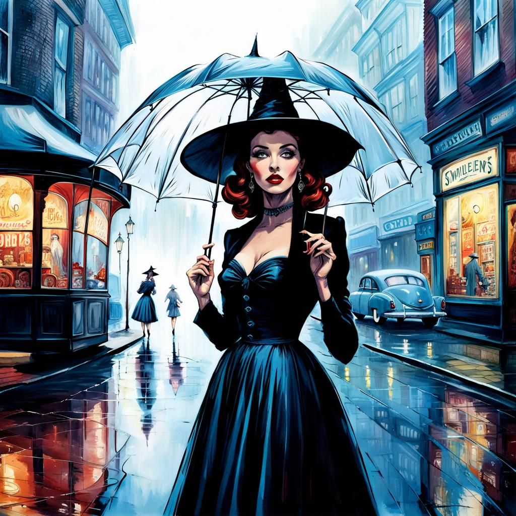 Retro Urban Witch with Magic Umbrella