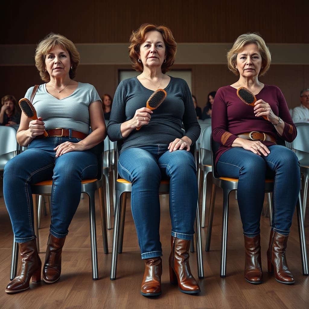 Hyperrealistic Women with Hairbrushes in Community Hall