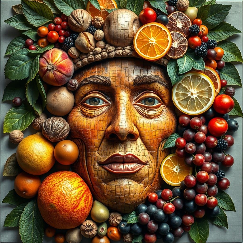 Surreal Fruit Portrait in Photorealistic Mosaic Style