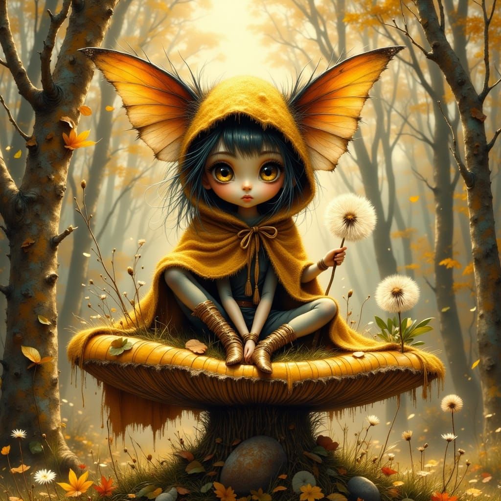 Fae with Huge Eyes on Toadstool in Autumn Liminal Space