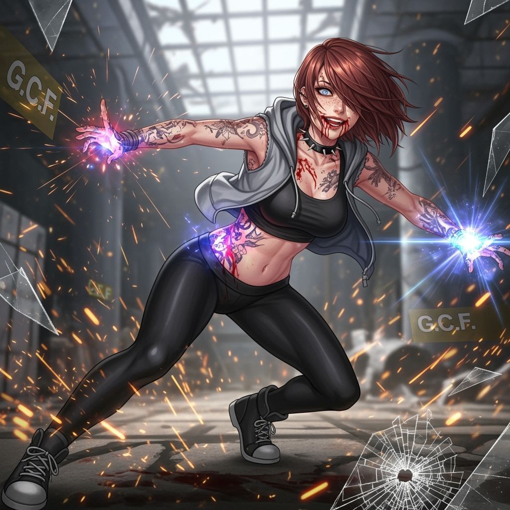 Athletic Anime Woman Unleashes Energy Blast in Collapsing Fa...