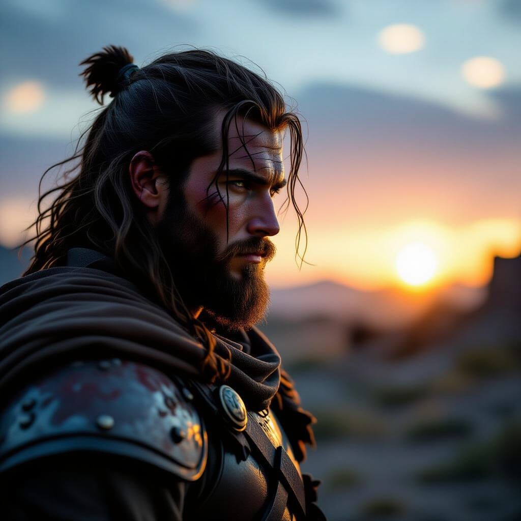 Warrior Silhouette with Warm Memories in War-Torn Landscape