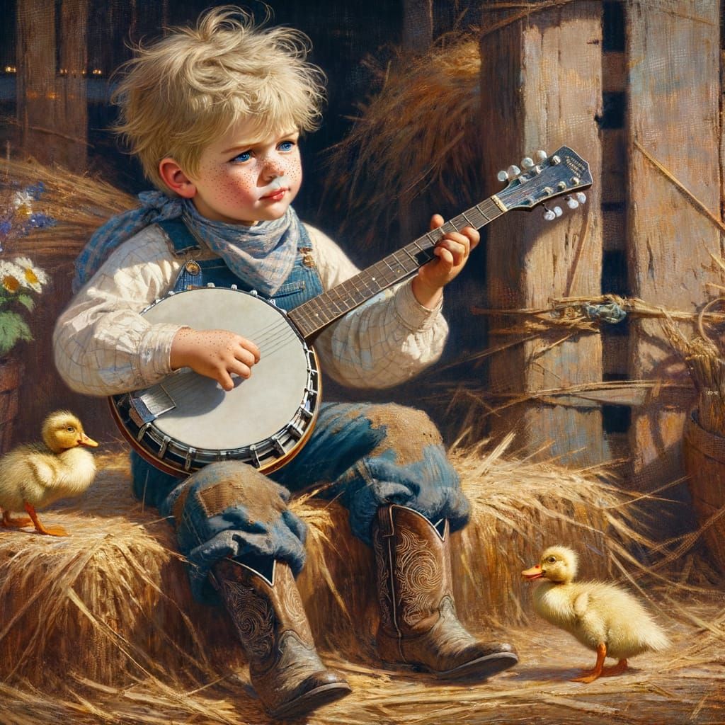 Boy with Banjo in Whimsical Pre-1912 Style