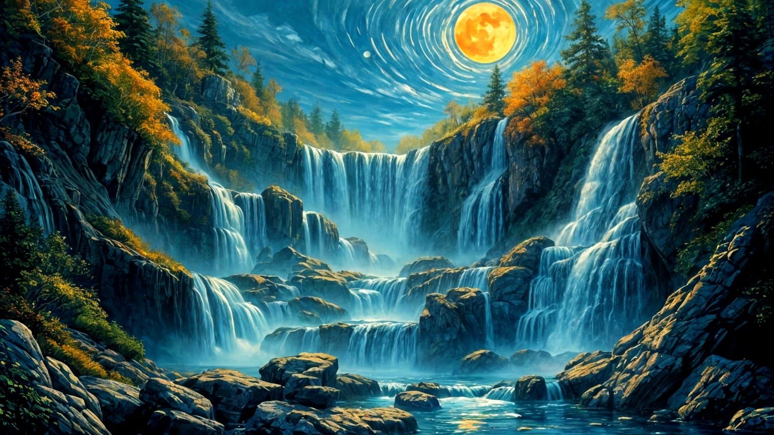 Epic Watercolor Waterfall in Vibrant Yellow Moonlight