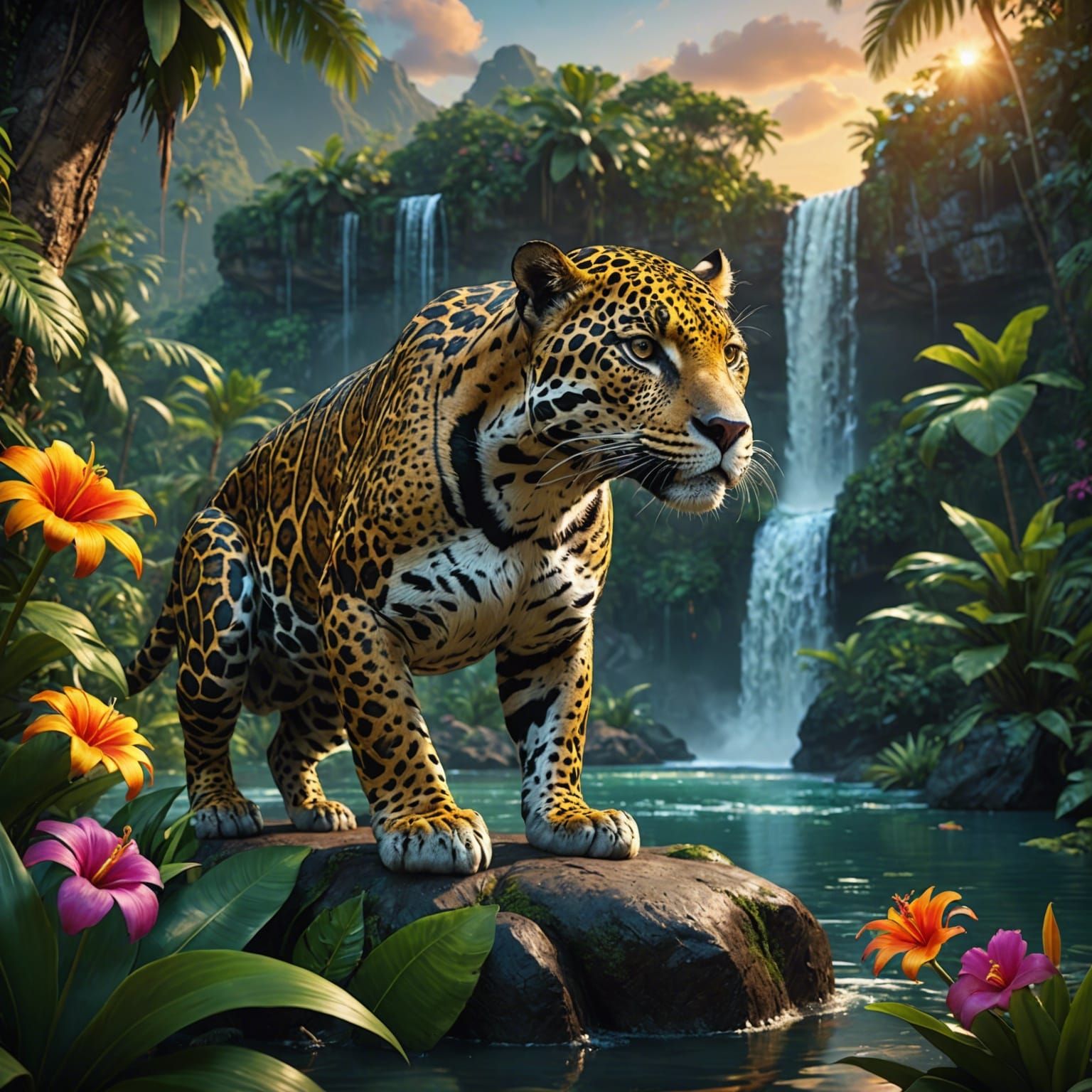 Photorealistic Jaguar Crouching by Tropical Waterfall