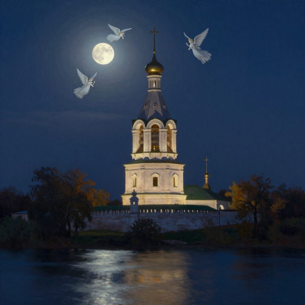 Kalyazin Bell Tower Under Moonlit Sky with Angels