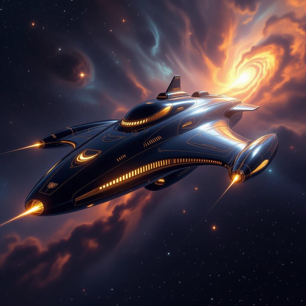 Colossal Starship Cruises Nebula in Cosmic Surrealism Style