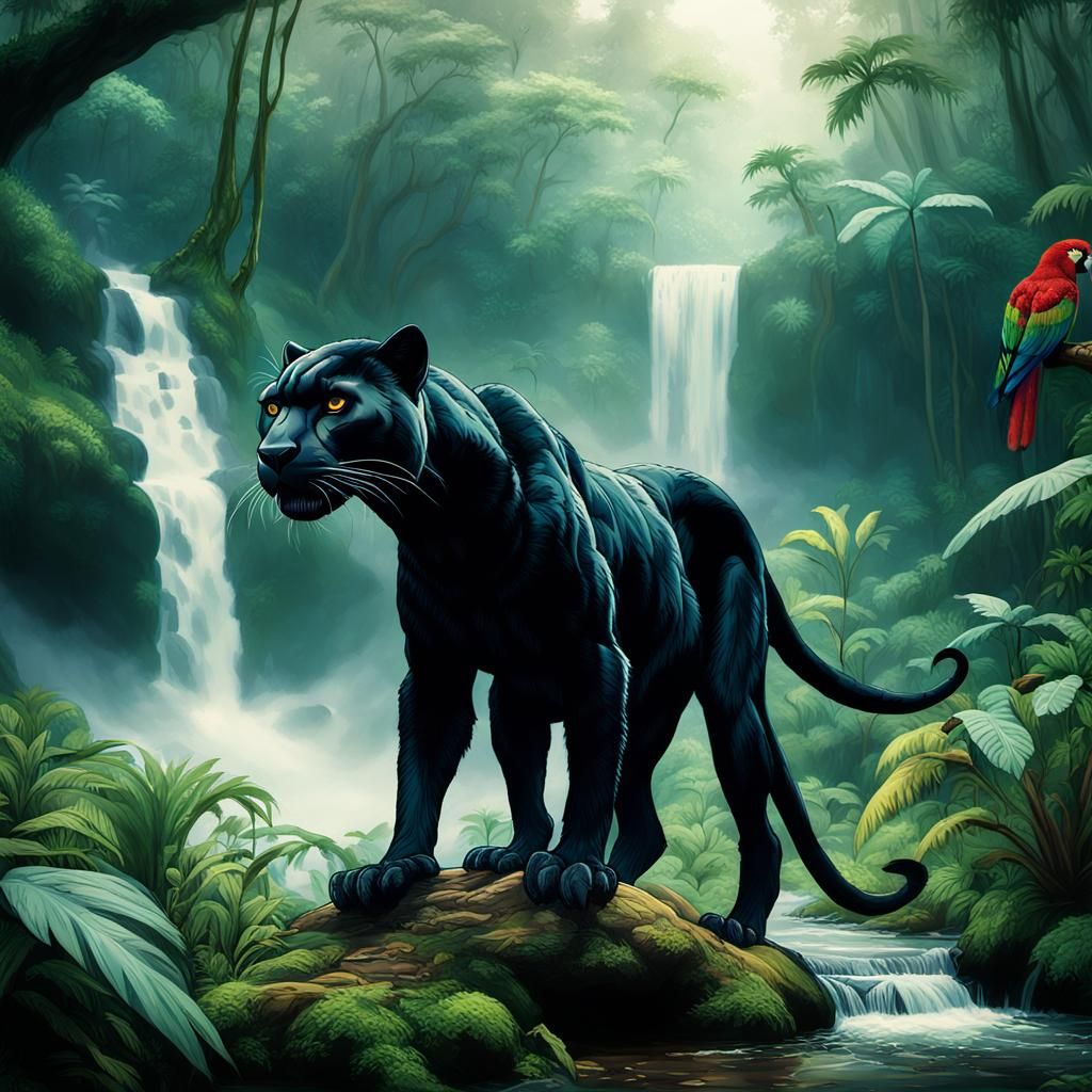 Black Panther in Mayan Rainforest with Ethereal Fog