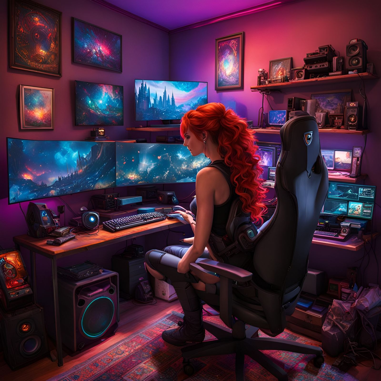 Gaming Setup with Redhead in Cyberpunk Fantasy Style