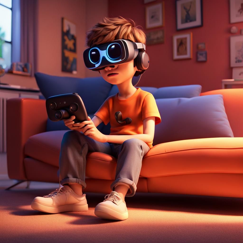 Boy Playing VR Games: Pixar Style 3D Art