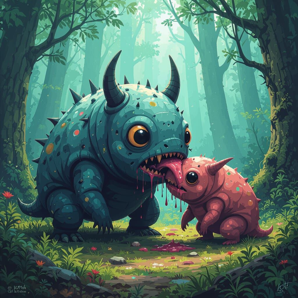 Labubu Creature Devouring Another in Mystical Forest