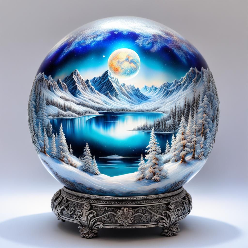 Winter Mountainscape in Silver Sphere: Holographic Art