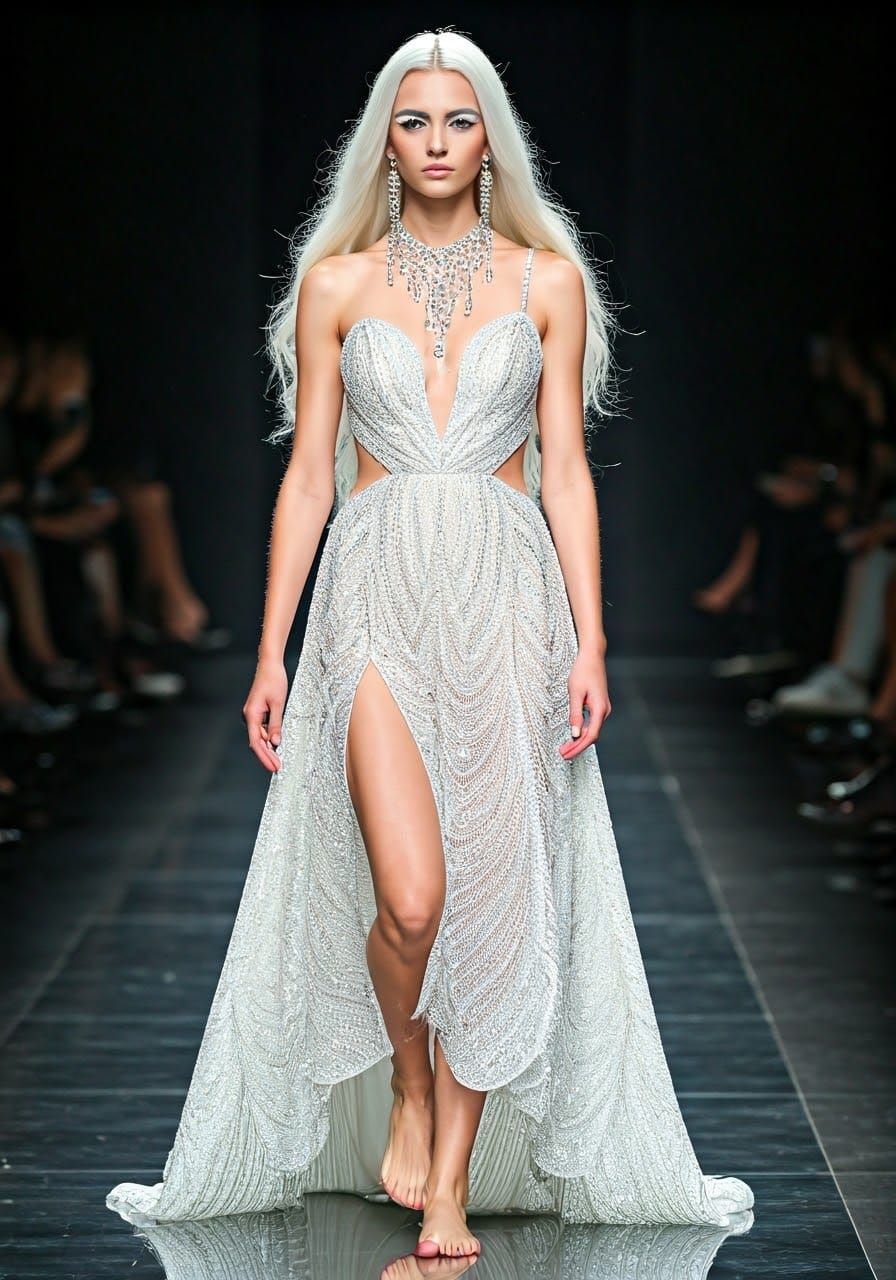 Silver-White Gown on Runway: High Fashion Glamour