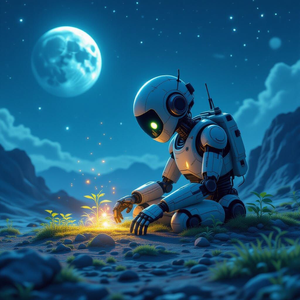 Moss Robot Tends Glowing Garden on Terraformed Moon