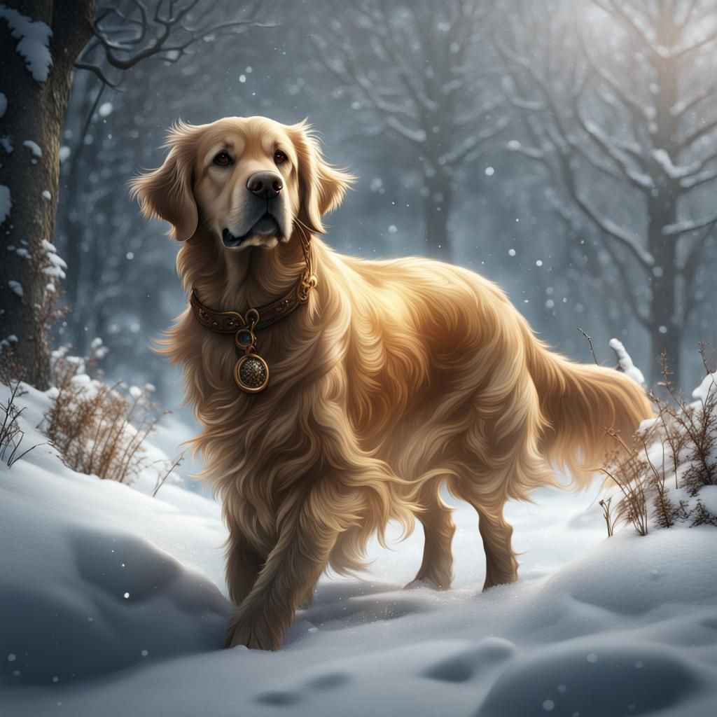 Golden Retriever in Snow: Detailed Matte Painting