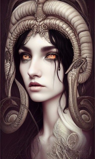 Crying Priestess with Ram Horns in Rococo Style