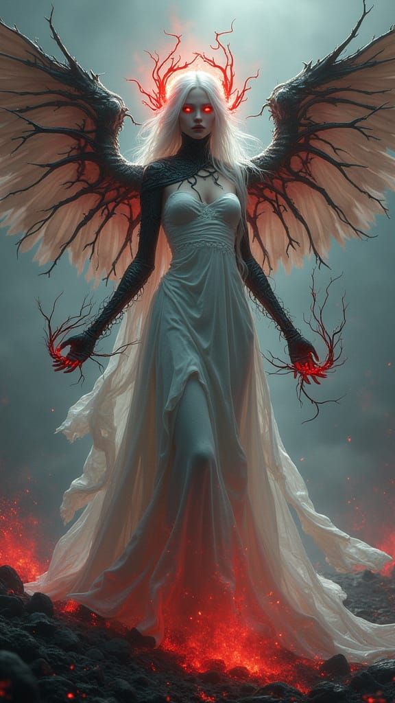 Celestial Warrior in Spectral White Amidst Dark Fantasy Wast...