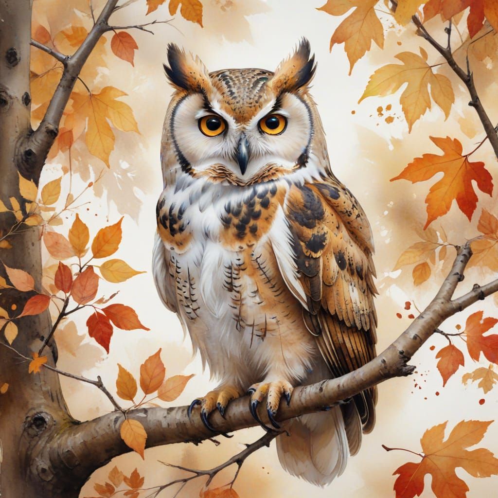 Detailed Owl in Autumn Watercolor Illustration