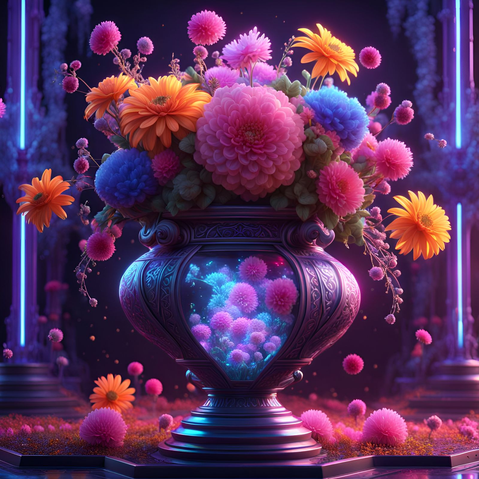 Cosmic Crystal Vase with Flowers in Neon Glow