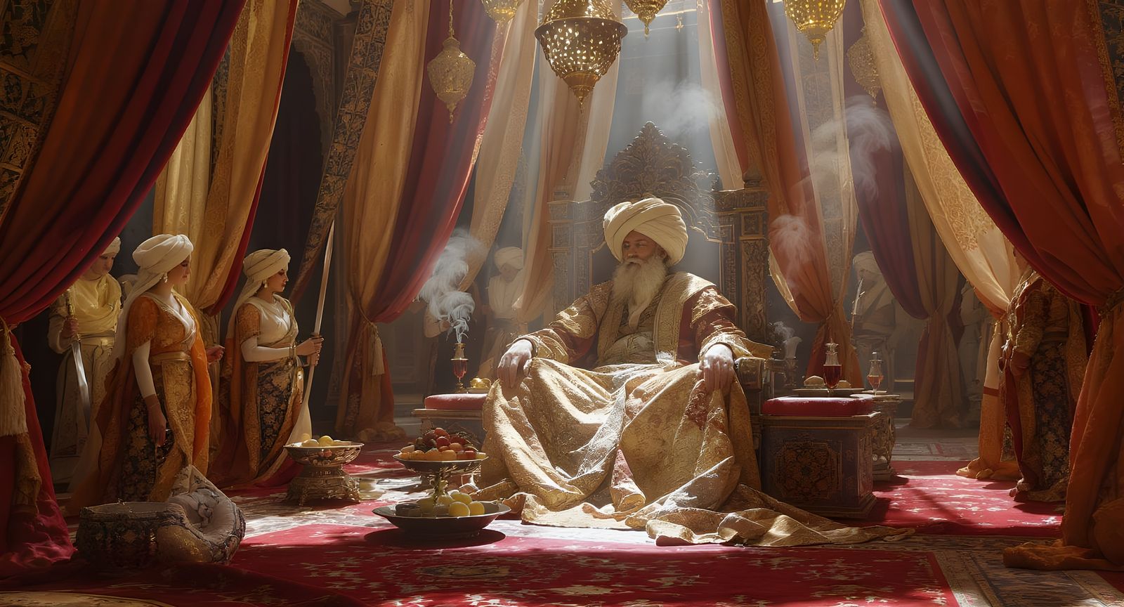 Sultan in Opulent Robes with Attendants Under Canopy
