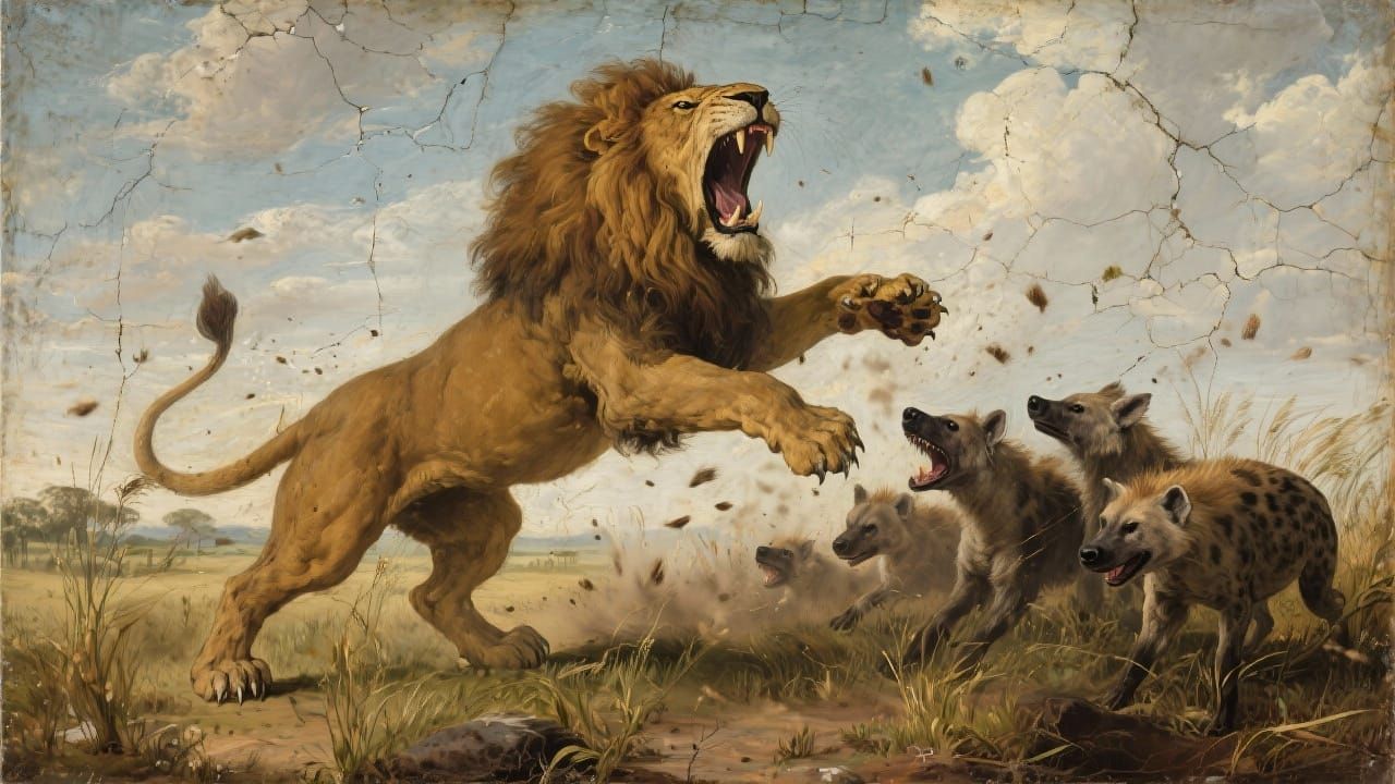 Renaissance Lion Roars at Hyenas in Ancient Oil Painting