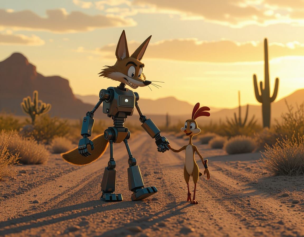 Robotic Wile E Coyote & Road Runner Pals on Dusty Road