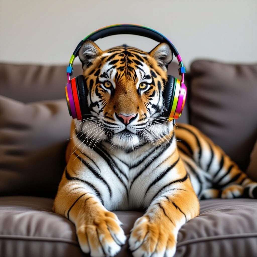 Tiger Listening to Music with Rainbow Headphones