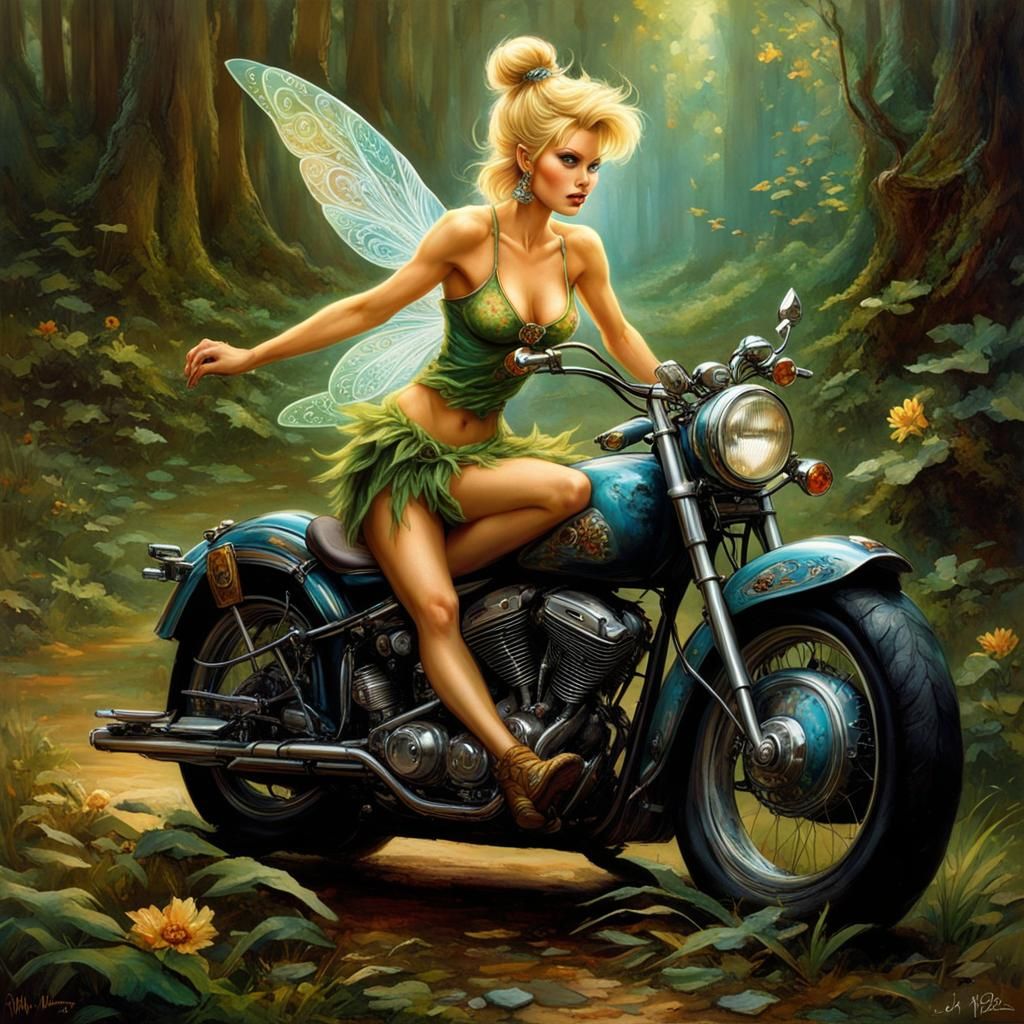 Tinkerbell on a motor bike! Defiant! Insanely beautiful with her blonde hair in a scruffy messy bun, tattoos, tattered s...