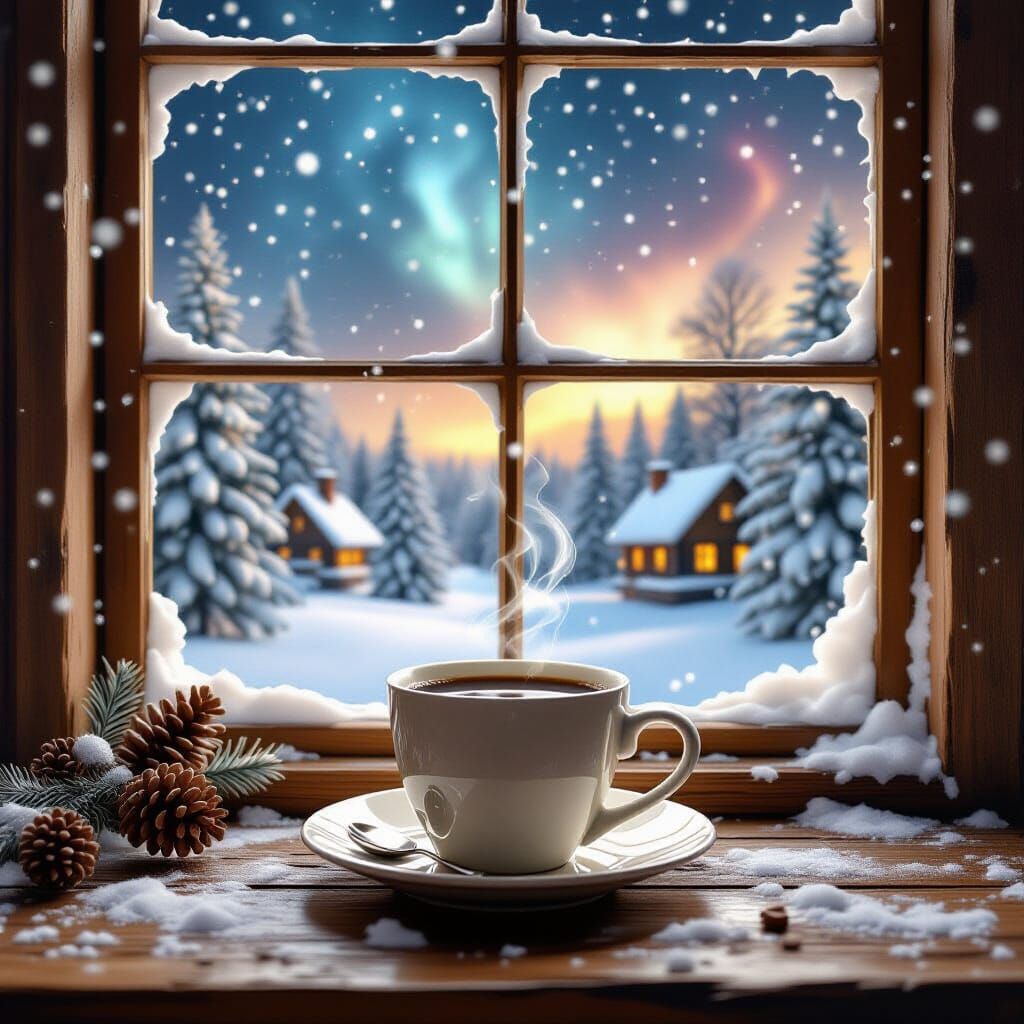 Surreal Winter Morning Coffee Scene in Papercraft Style