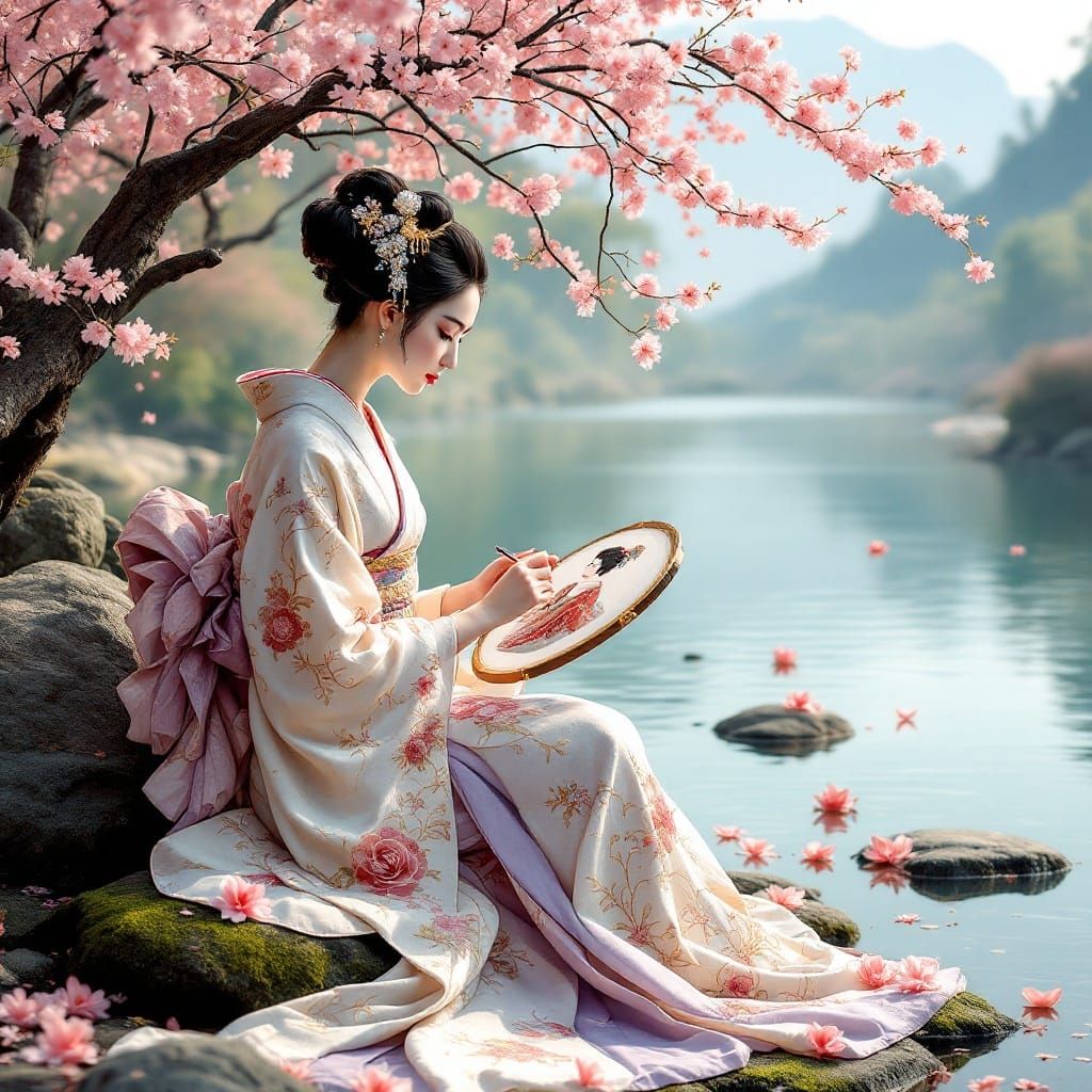 Elegant Geisha at River's Edge in Intricate Embroidery