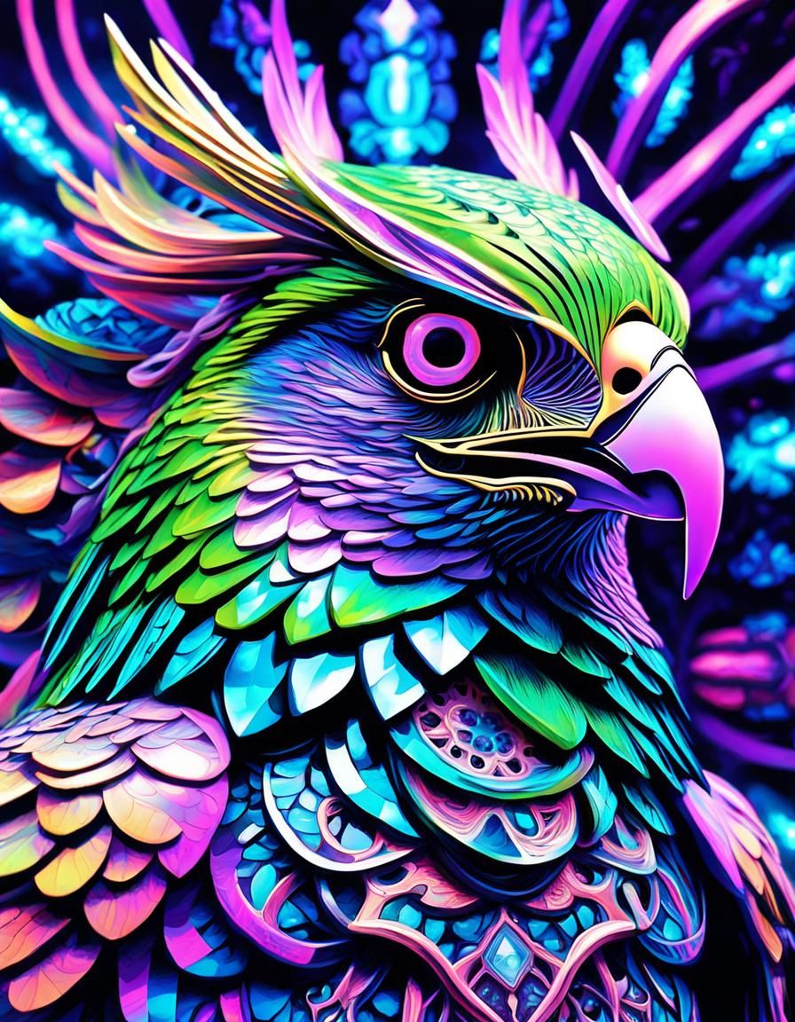 Hawk Head with Holographic Specimens in Fractal Art Style