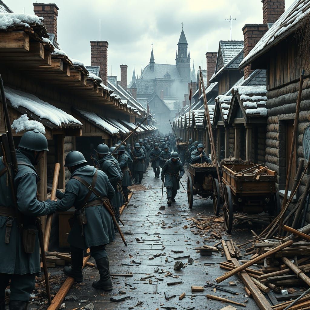 Medieval Soldiers Construct Cabins for Homeless City Residen...