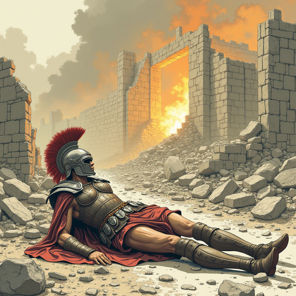Fallen Greek Warrior in Ruined City