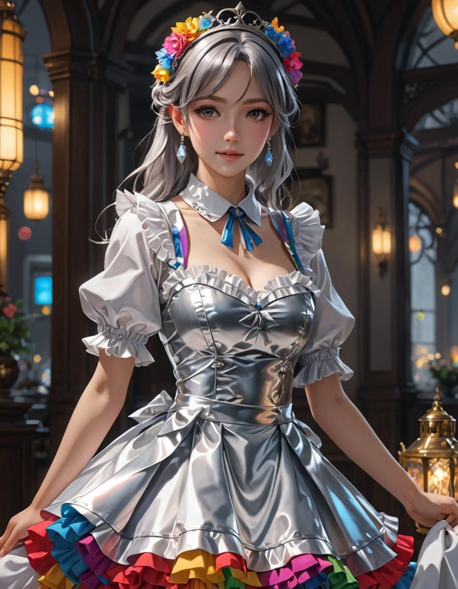 Bright Glowing Silver Maid Dress in 3D Anime Art