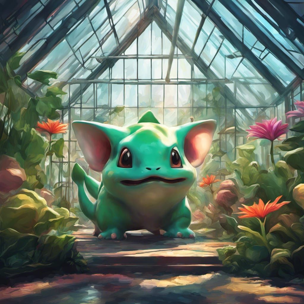 Hyperrealistic Bulbasaur Greenhouse: Detailed Concept Art