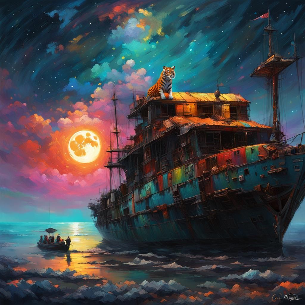 Tiger Lounging Under the Moonlit Sky