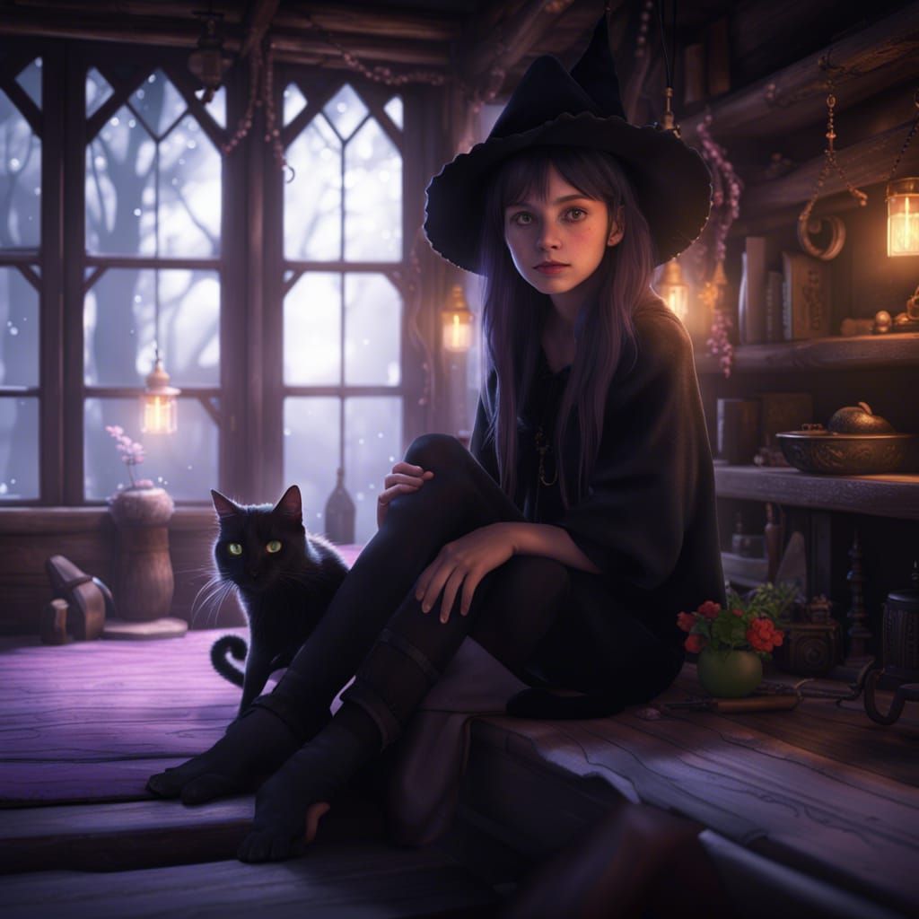 Cozy Cottage Witch with Black Cat: Cottagecore Fairycore Art
