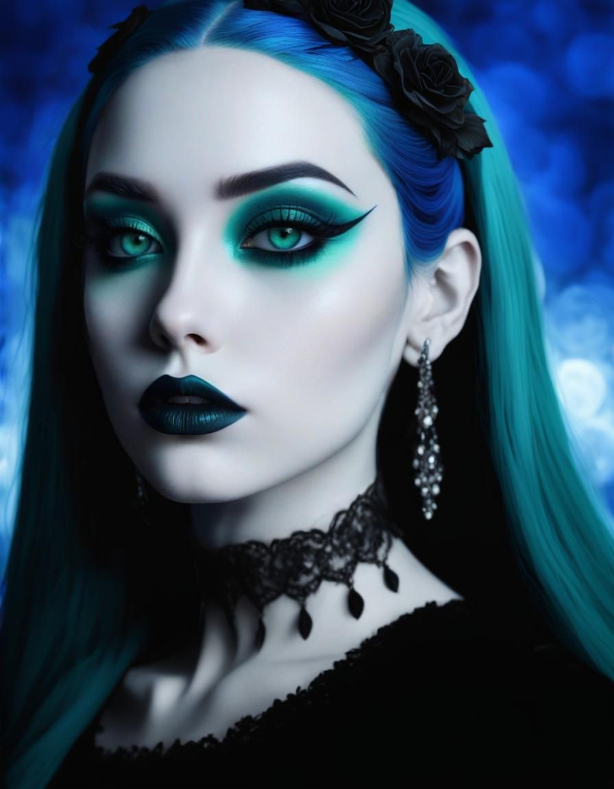 Beautiful gothic young lady with long teal green hair with b...