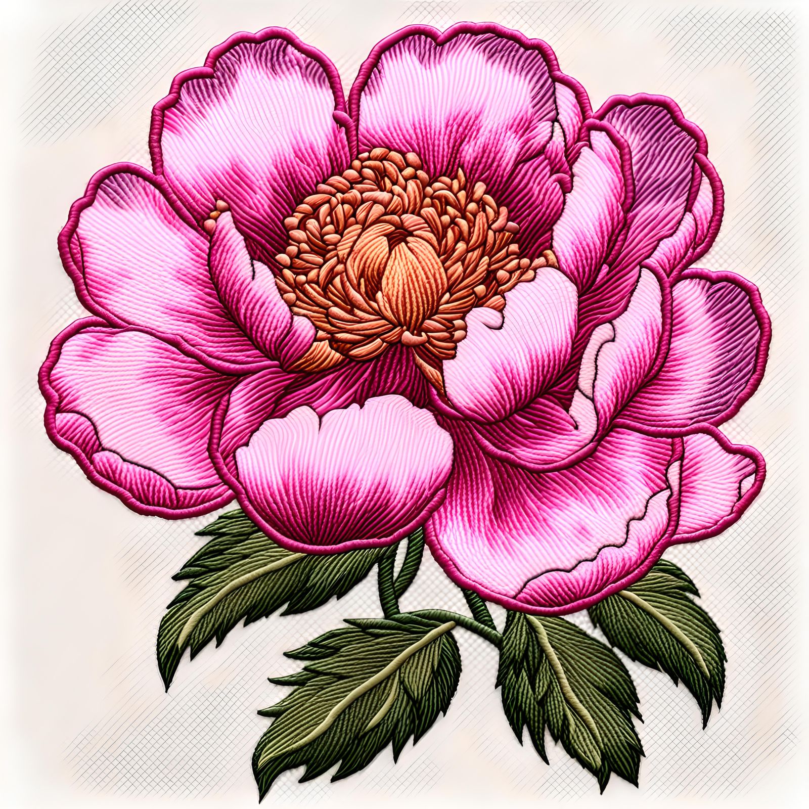 Embroidery of pink a peony flower with satin stitch on a transparent background