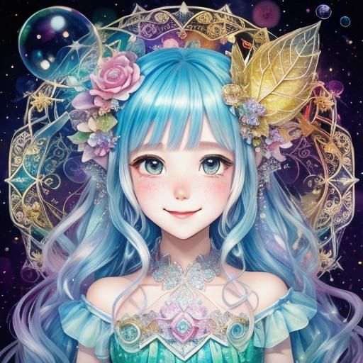 Detailed Surreal Fairy Playing with Bubbles