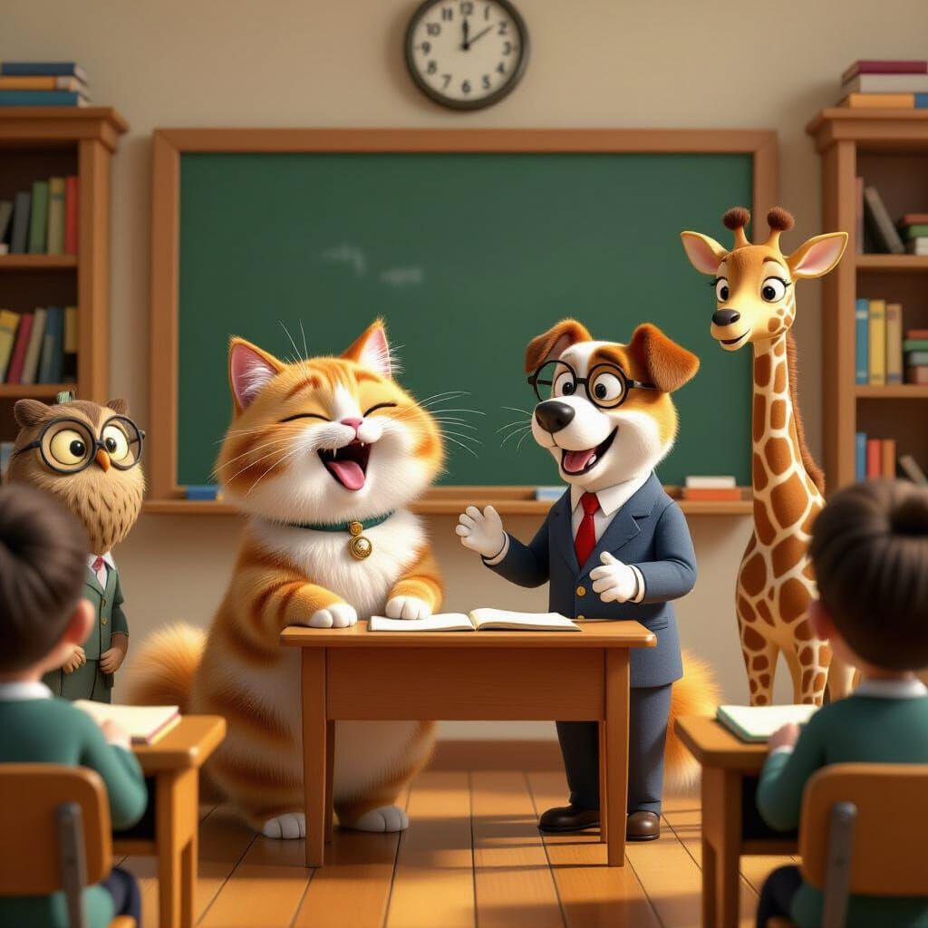 Cartoon Cat Teacher in Pixar-Style Classroom