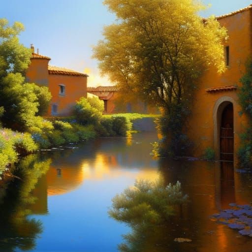 Picturesque Spanish Village with Garden in Oil Painting Styl...