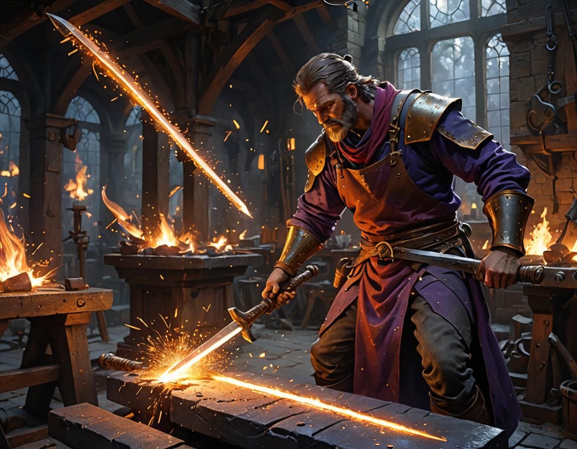 Blacksmith Forging Sword with Golden Sparks, Dark Fantasy Ar...