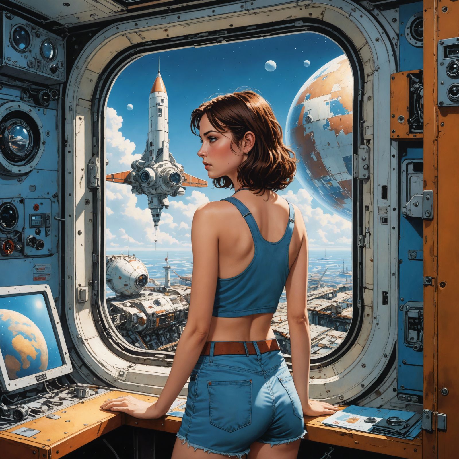 Girl Gazing from Space Station in Comic Book Style