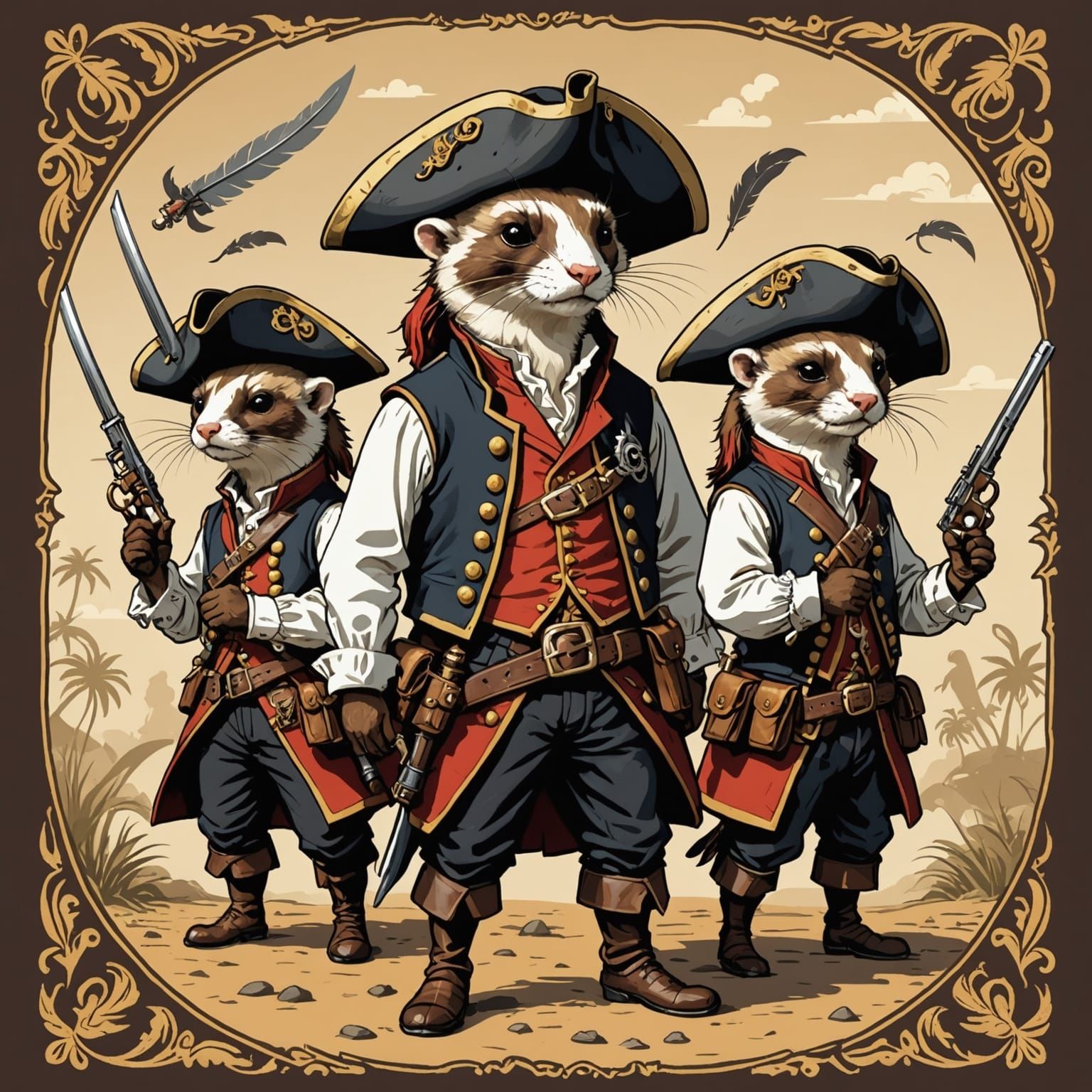 Ferrets as Pirate Crew on Stormy Ship