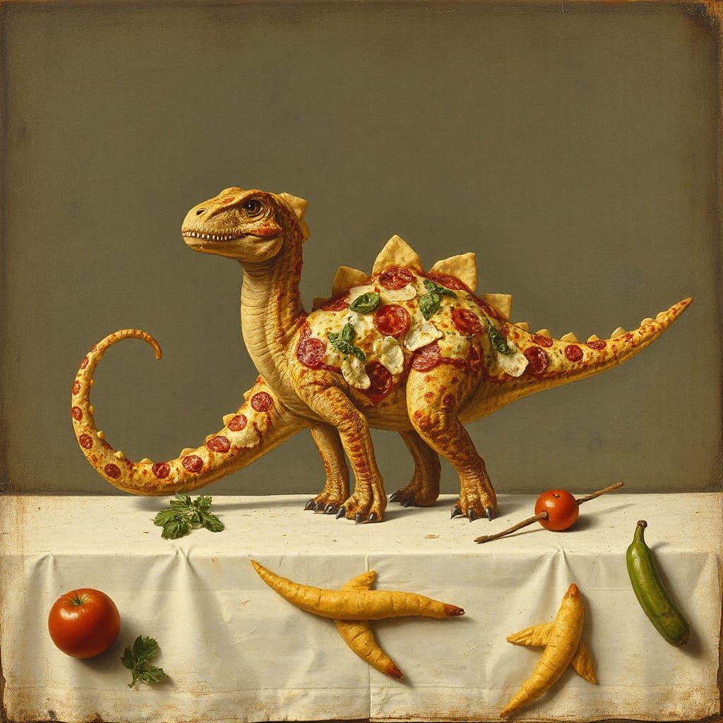 Diplodocus in Pizza Hat Inspired by Bosch and Rauschenberg