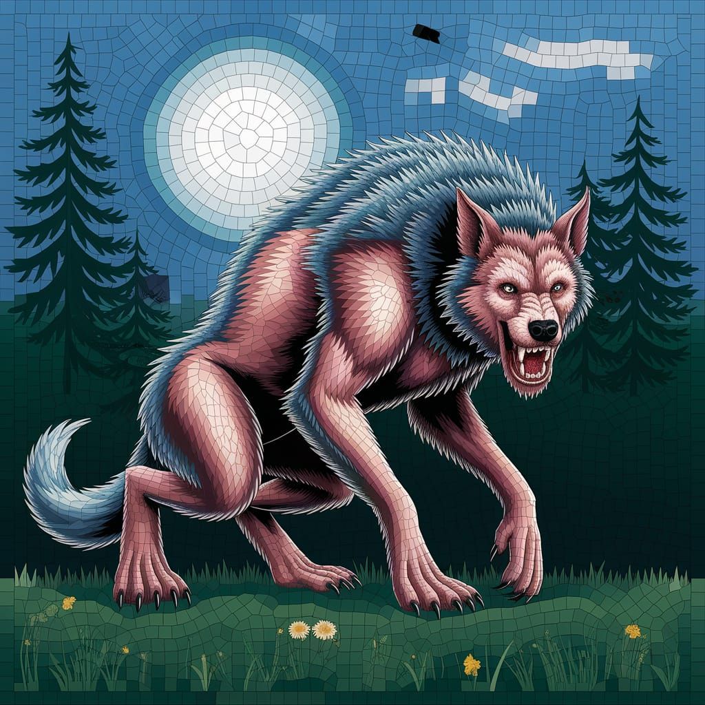 Realistic Werewolf as a Mosaic Illustration
