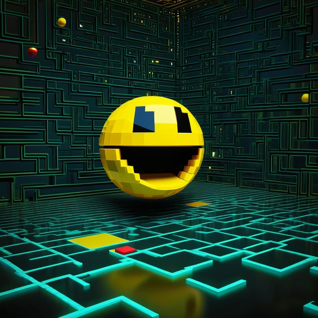 3D Pixel-Art Pac-Man Sphere in Retro Environment