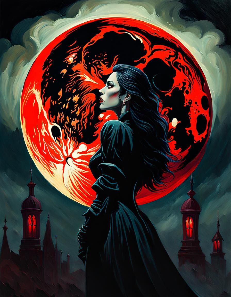 Gothic Vampire Gazing at Blood Red Moon