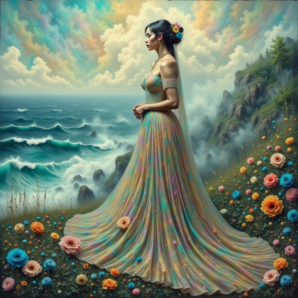 Elegant Woman on Misty Cliff in Art Nouveau Style